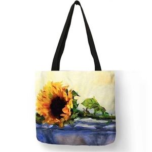 New! Oil Painting Sunflower Print Reusable Tote Bag